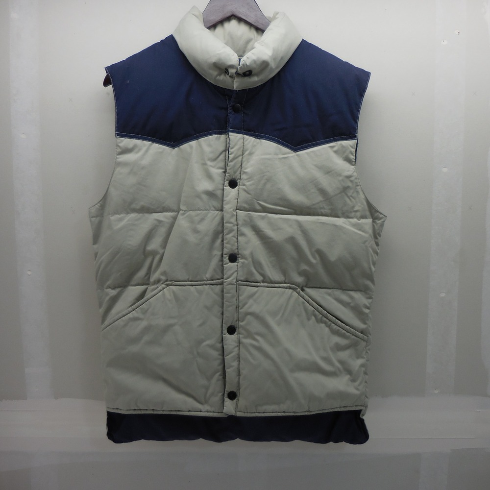 Vintage The Company Store Down Puffer Vest Mens Medium Navy Tan Western Yoke